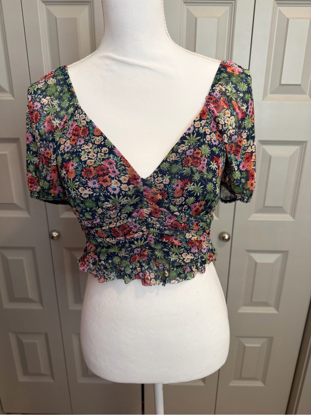 Urban Outfitters Multi Floral V-Neck Ruched Crop Top